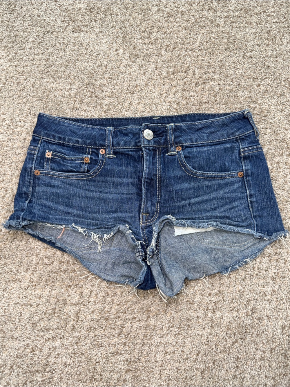 American Eagle Dark Wash Frayed Raw Hem Stretch Jean Shorts 6